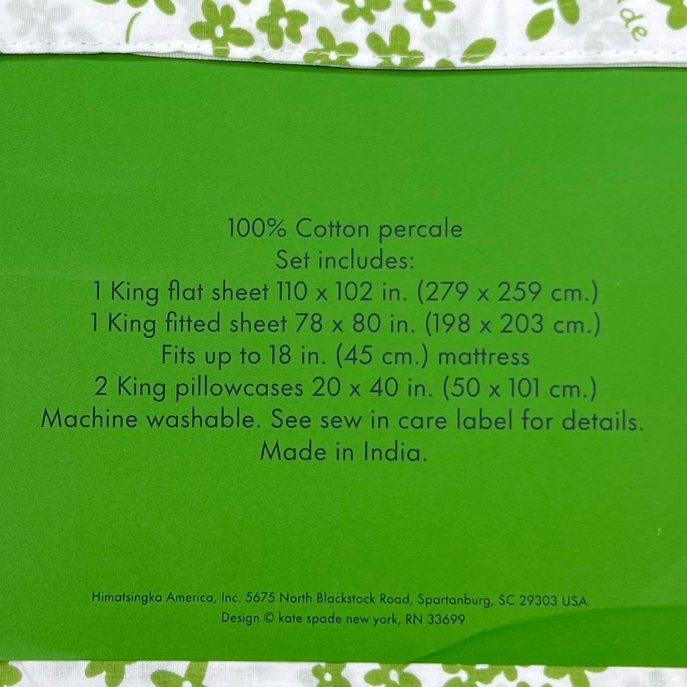 Kate Spade - ‘Green Floral’ Cotton King Sheet Set. NWT Firm! Last one! - Picture 3 of 3